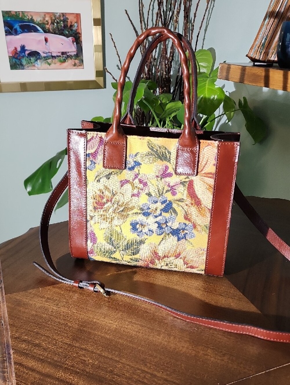 Patricia Nash Yellow Floral Tapestry Tote with Brown Leather Trim - Picture 2 of 13